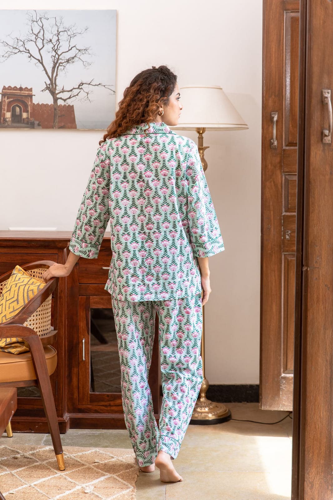 PINK TULIPS FLORAL VINE BLOCK PRINT LONG PJ SET