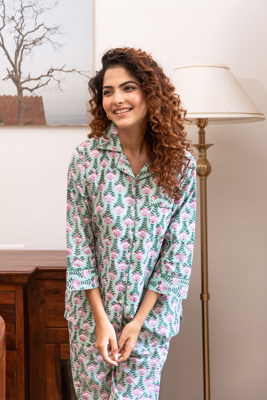 PINK TULIPS FLORAL VINE BLOCK PRINT LONG PJ SET