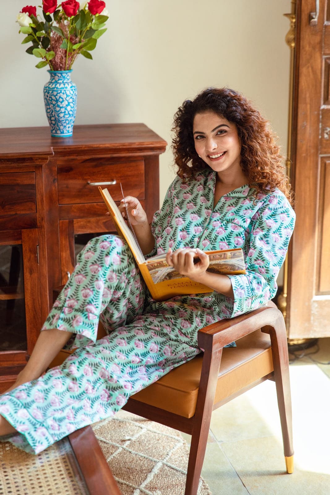 PINK TULIPS FLORAL VINE BLOCK PRINT LONG PJ SET