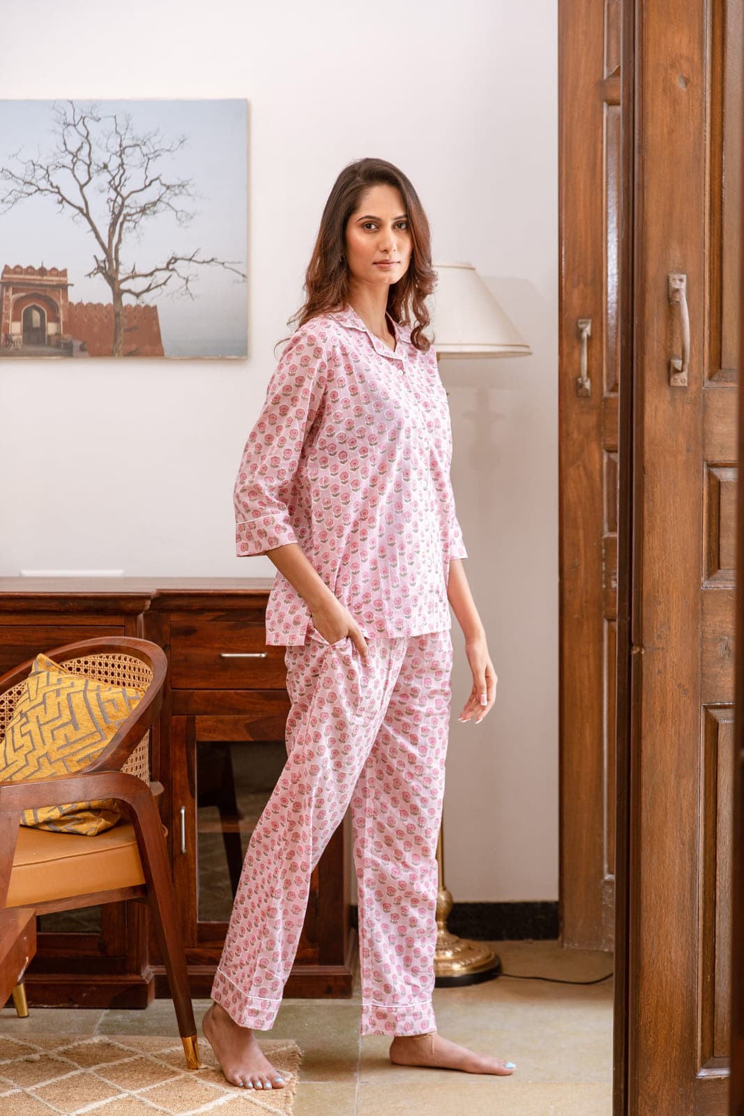 PINK FLORAL BOOTI BLOCK PRINT LONG PJ SET