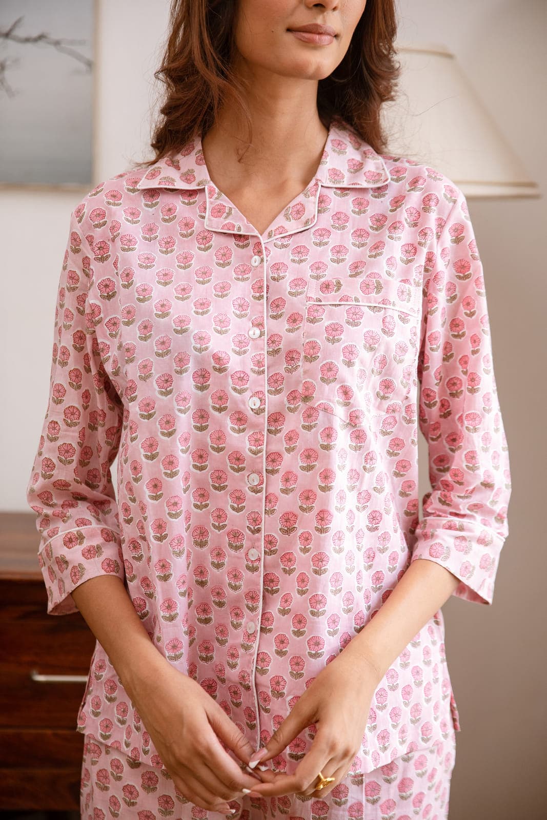 PINK FLORAL BOOTI BLOCK PRINT LONG PJ SET