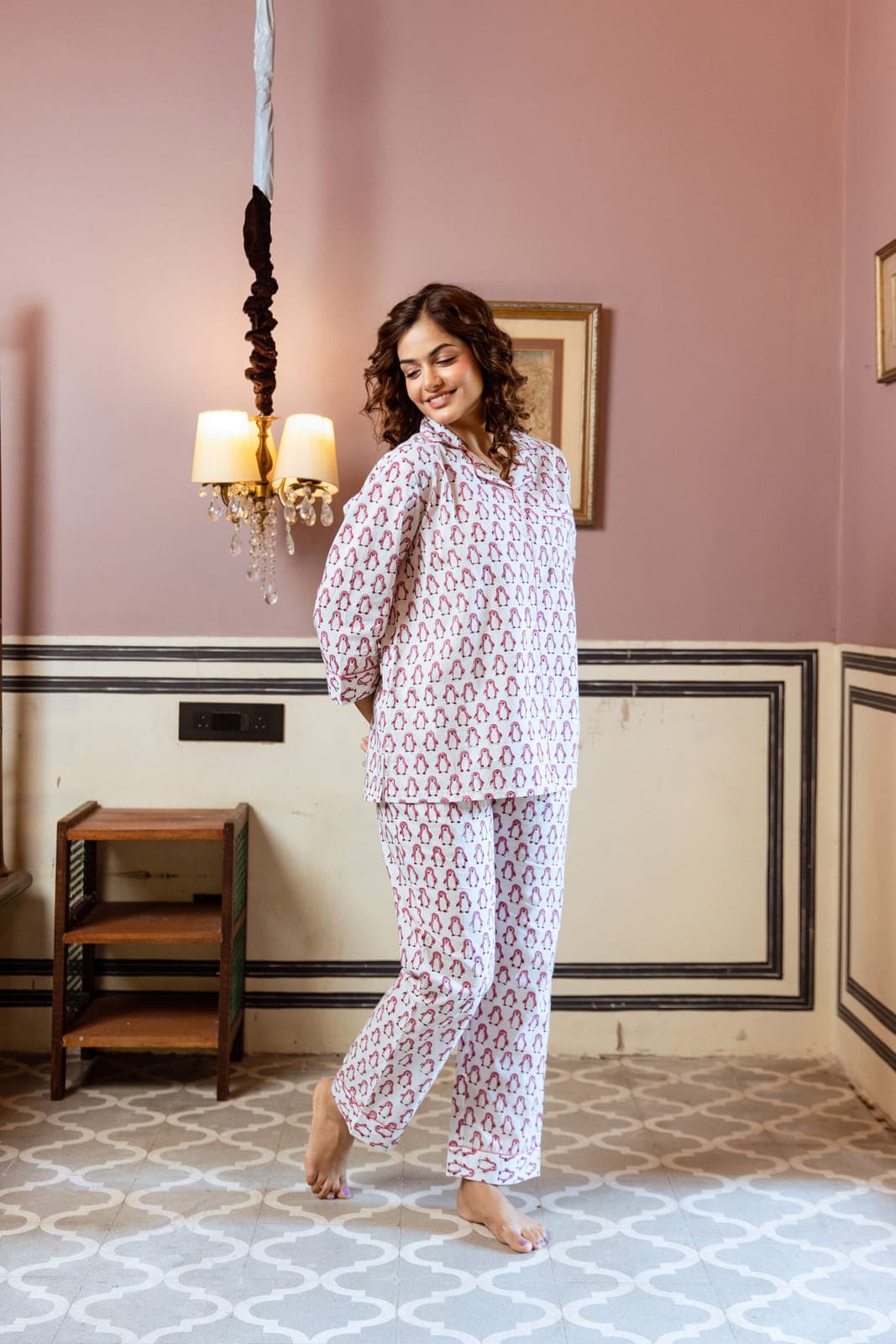BLUSHING PENGUINS BLOCK PRINT PJ SET