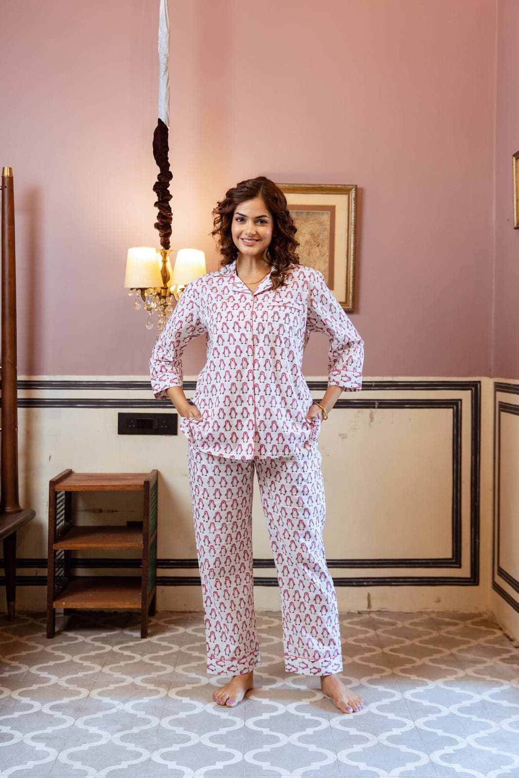 BLUSHING PENGUINS BLOCK PRINT PJ SET