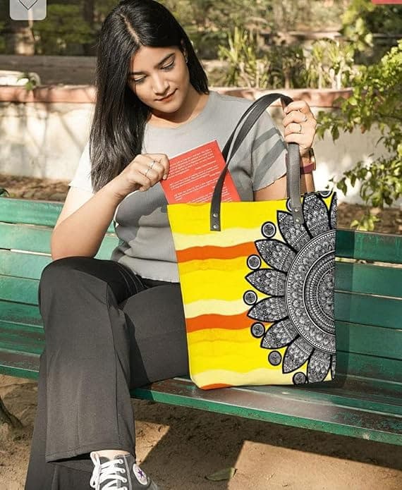 Yellow printed women canvas tote bag