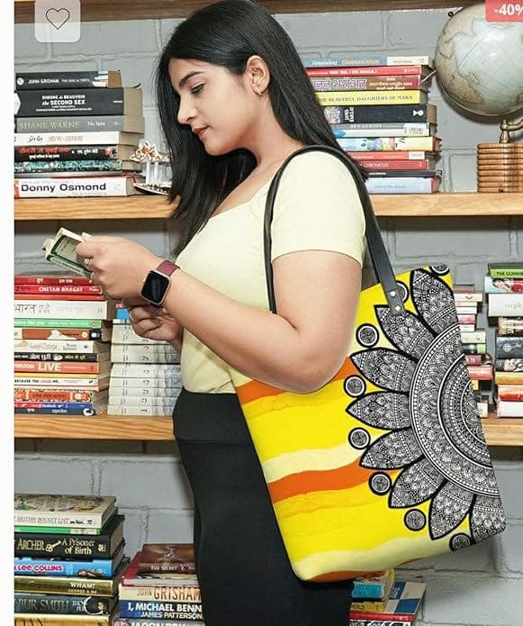 Yellow printed women canvas tote bag