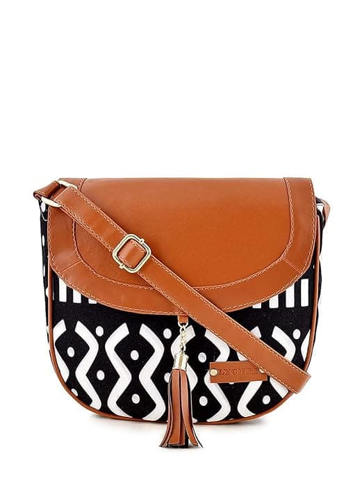 Curly Printed Canvas Black Women Sling Bag