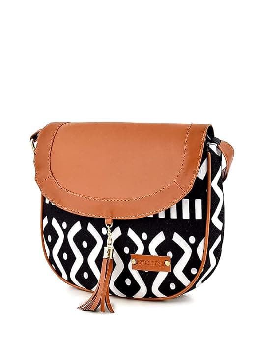 Curly Printed Canvas Black Women Sling Bag