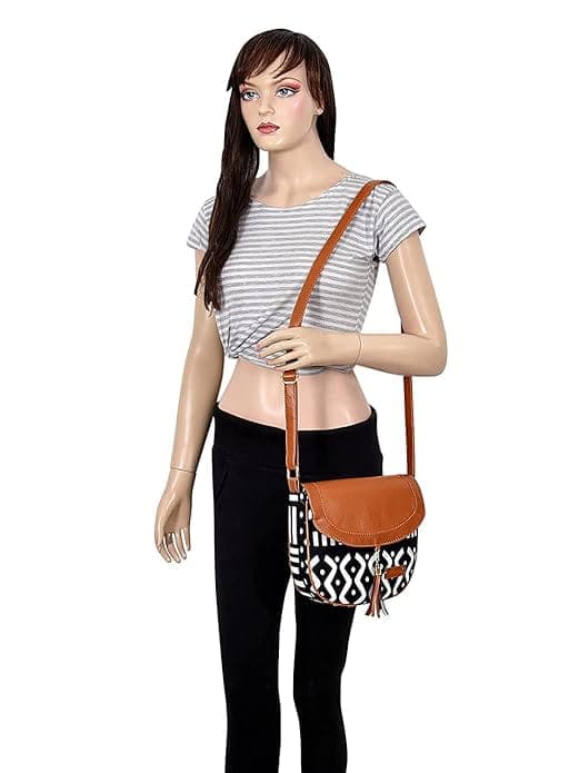 Curly Printed Canvas Black Women Sling Bag