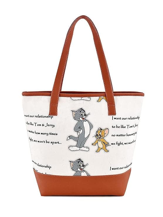 Tom & Jerry Print Canvas PU Women Tote Bag