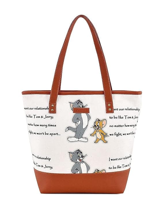 Tom & Jerry Print Canvas PU Women Tote Bag