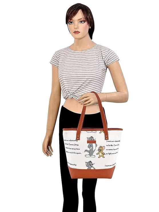 Tom & Jerry Print Canvas PU Women Tote Bag