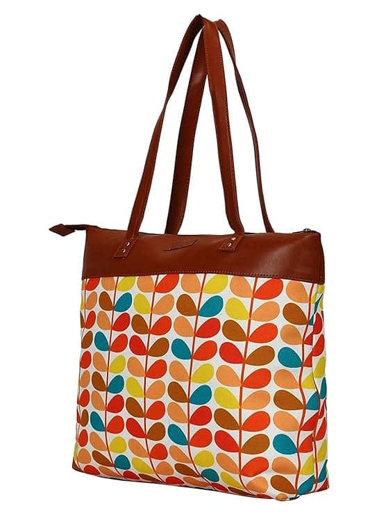 Multicolor Leaf print canvas pu women tote bag
