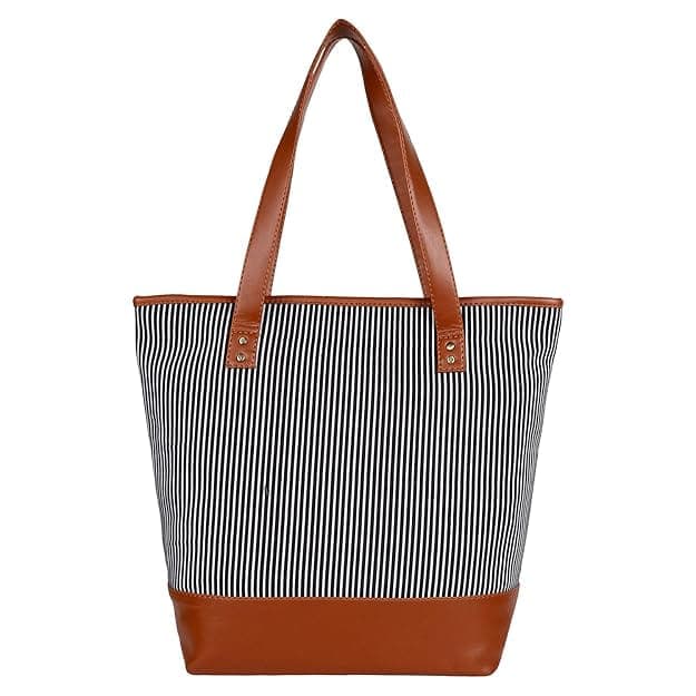 Stripe print canvas pu women tote bag