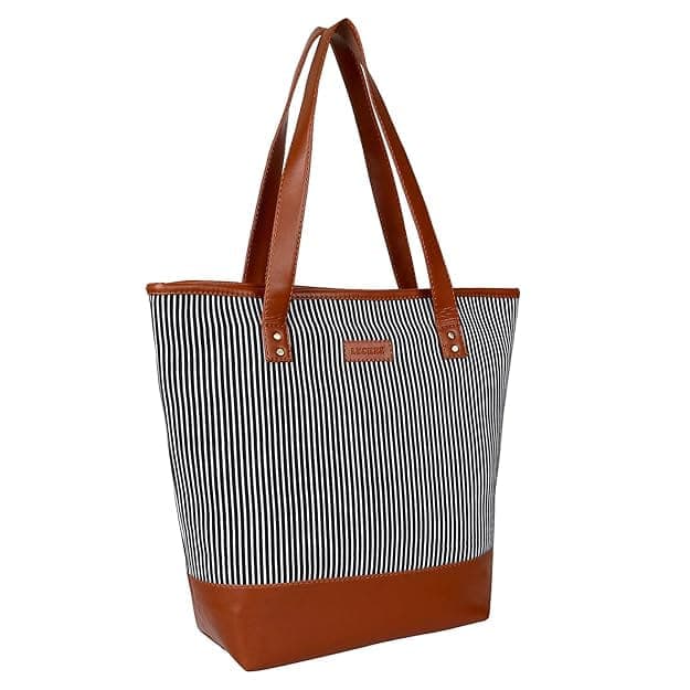Stripe print canvas pu women tote bag