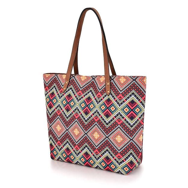 Red zig zag printed canvas women tote bag