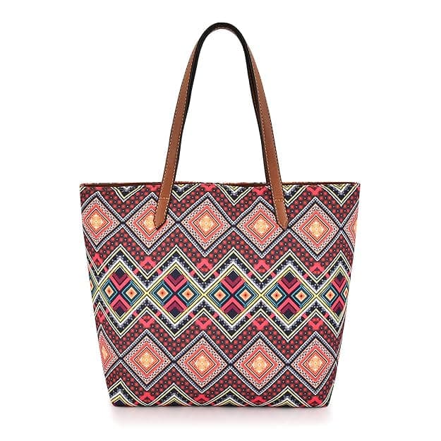 Red zig zag printed canvas women tote bag