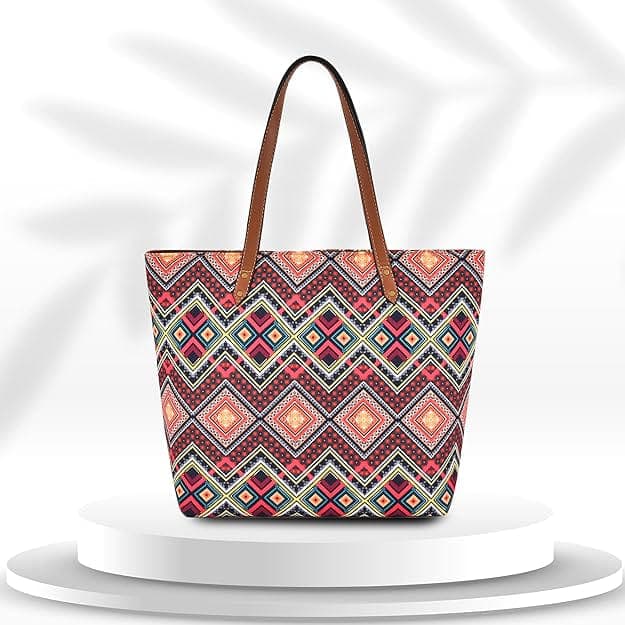 Red zig zag printed canvas women tote bag