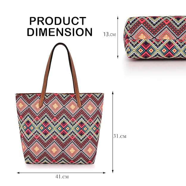 Red zig zag printed canvas women tote bag