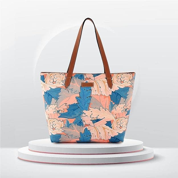 Peach Blue Leaf Print Canvas Tote Bag