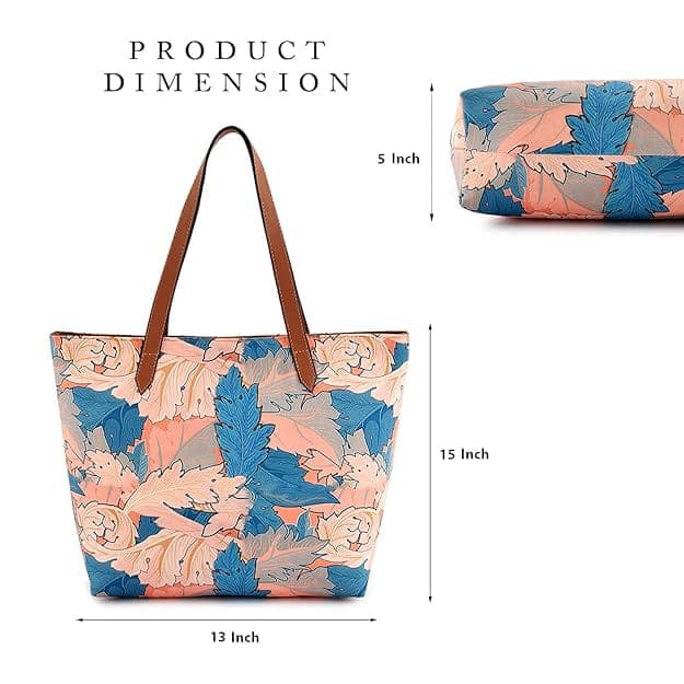 Peach Blue Leaf Print Canvas Tote Bag