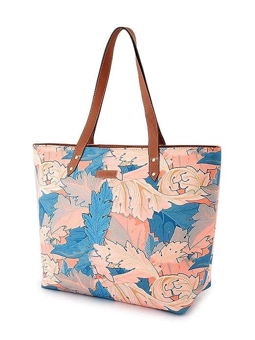 Peach Blue Leaf Print Canvas Tote Bag