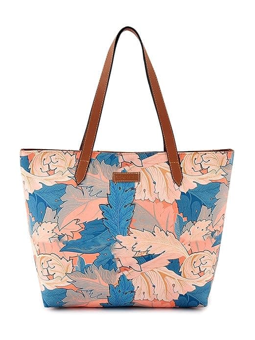Peach Blue Leaf Print Canvas Tote Bag