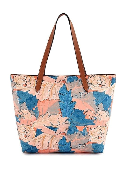 Peach Blue Leaf Print Canvas Tote Bag