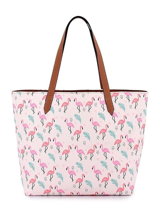 Flamingo Print Canvas Tote Bag