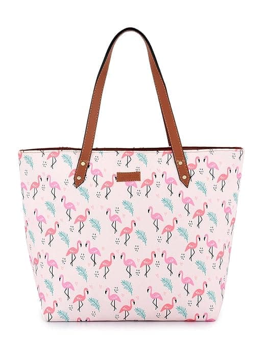 Flamingo Print Canvas Tote Bag