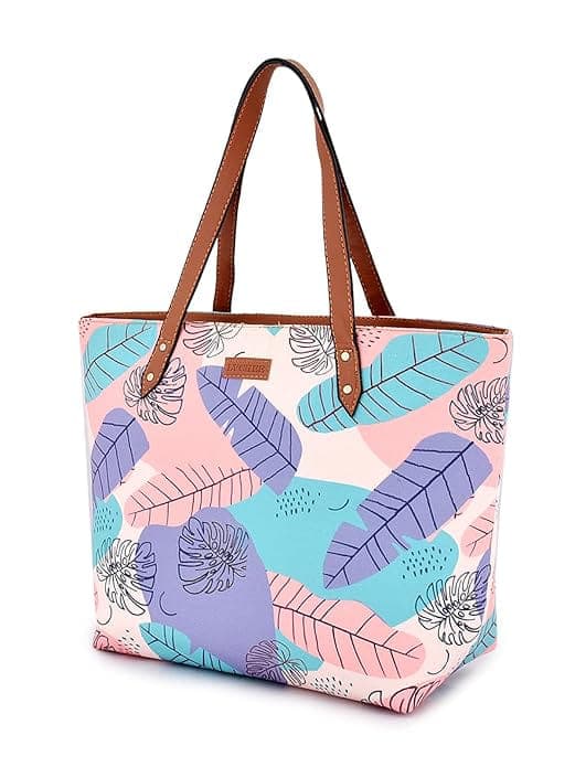 Turquoise Blue peach leaf print tote bag
