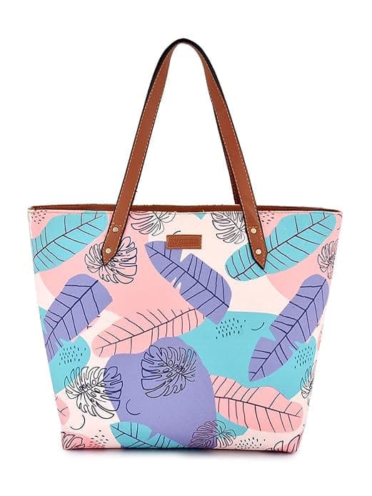 Turquoise Blue peach leaf print tote bag
