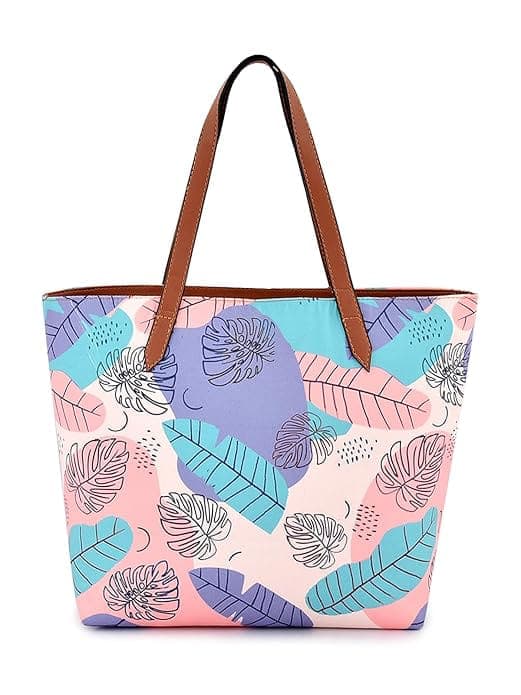 Turquoise Blue peach leaf print tote bag