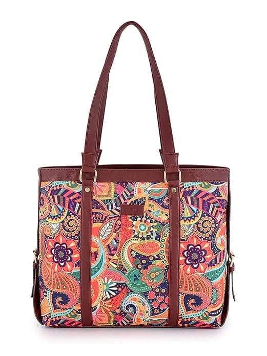 Tan blue printed canvas pu tote bag
