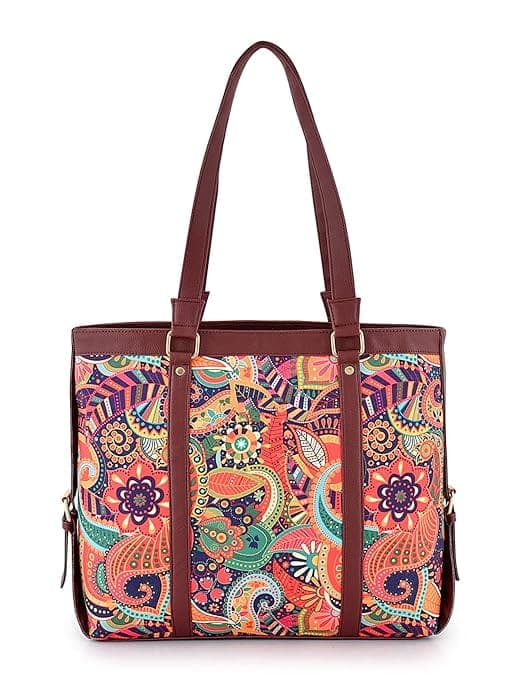 Tan blue printed canvas pu tote bag