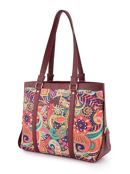 Tan blue printed canvas pu tote bag
