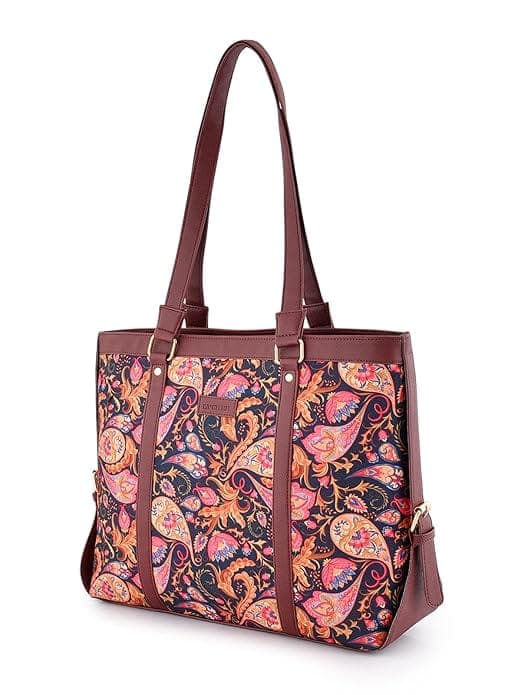 Blue Pink Printed Canvas PU Tote Bag