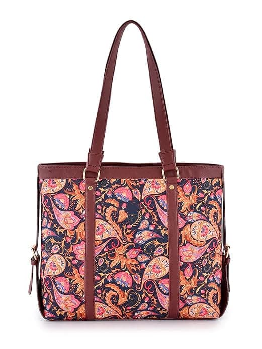 Blue Pink Printed Canvas PU Tote Bag