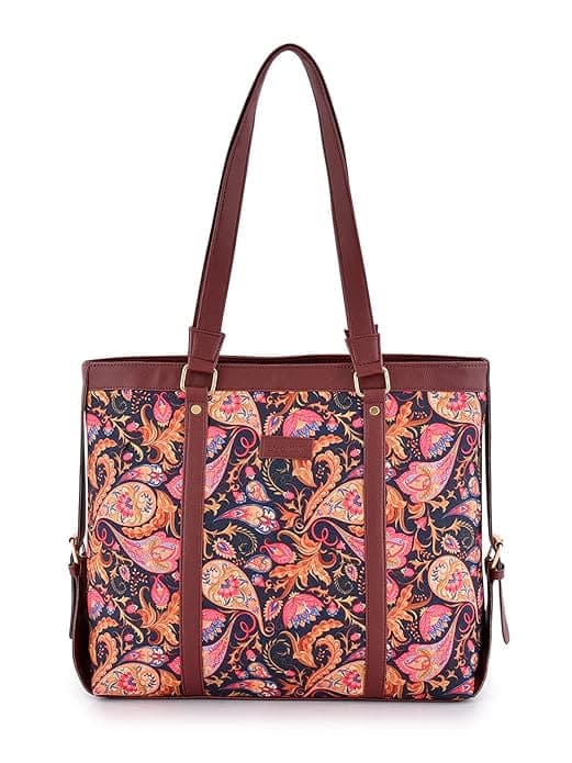Blue Pink Printed Canvas PU Tote Bag