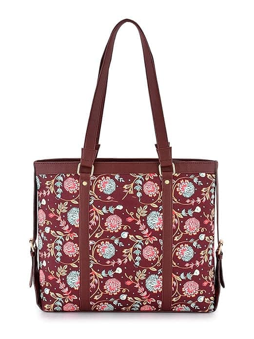 Maroon Base Floral print canvas pu tote bag