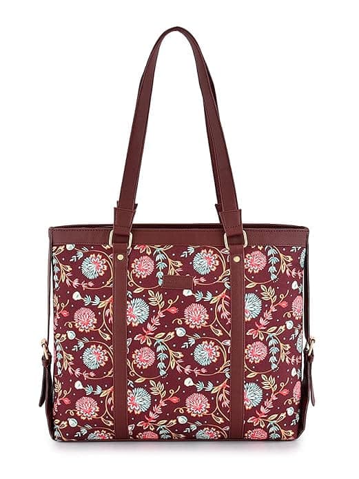 Maroon Base Floral print canvas pu tote bag