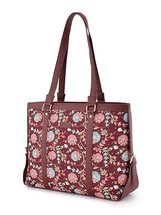 Maroon Base Floral print canvas pu tote bag
