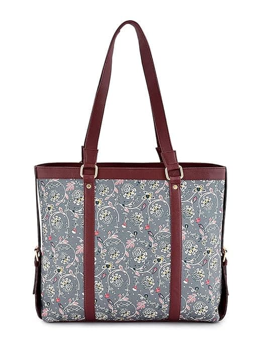 Grey Base Floral Print Canvas PU Bag