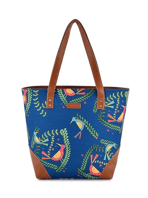 Blue Bird print canvas pu women tote bag