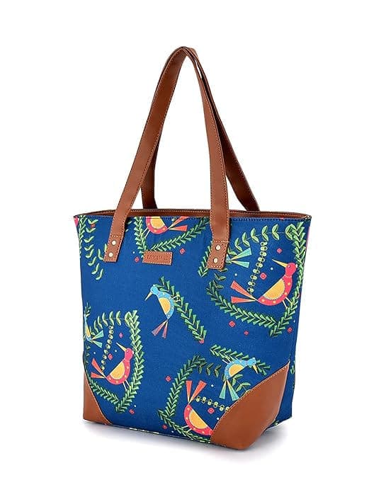Blue Bird print canvas pu women tote bag