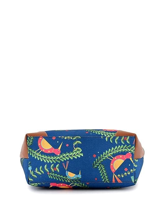 Blue Bird print canvas pu women tote bag