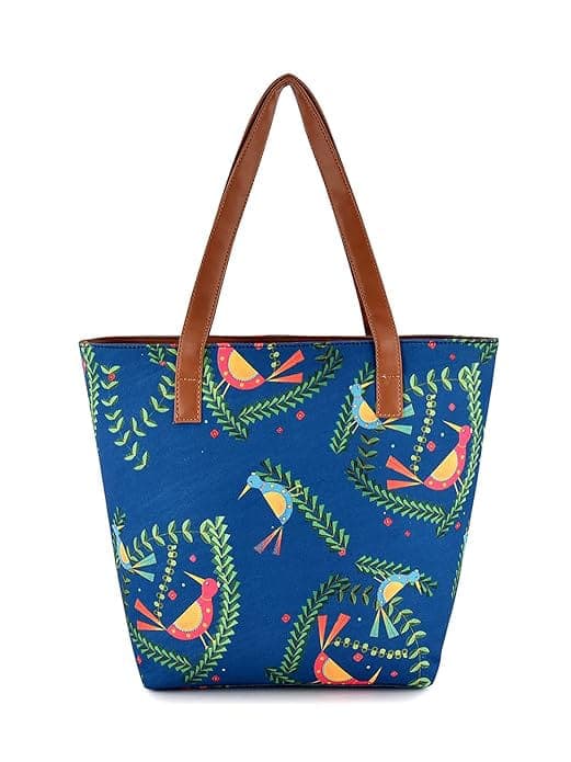 Blue Bird print canvas pu women tote bag