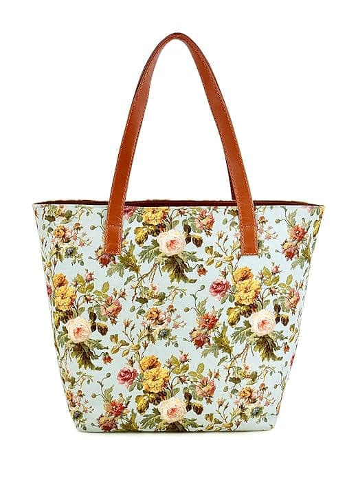 Rose print canvas PU women tote bag