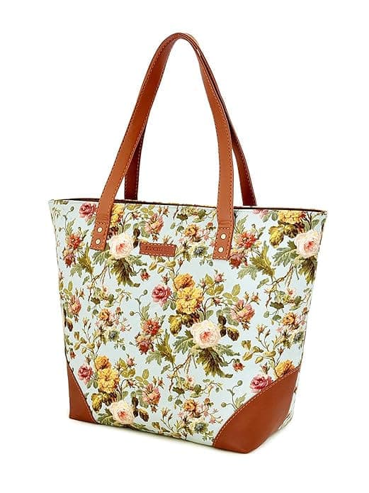 Rose print canvas PU women tote bag