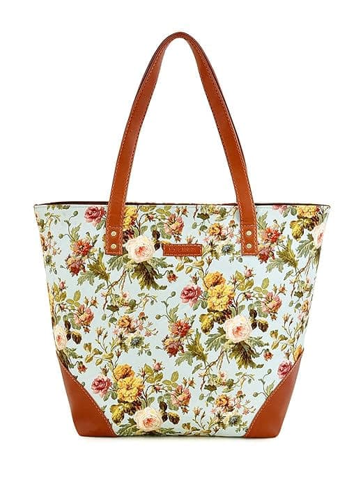 Rose print canvas PU women tote bag