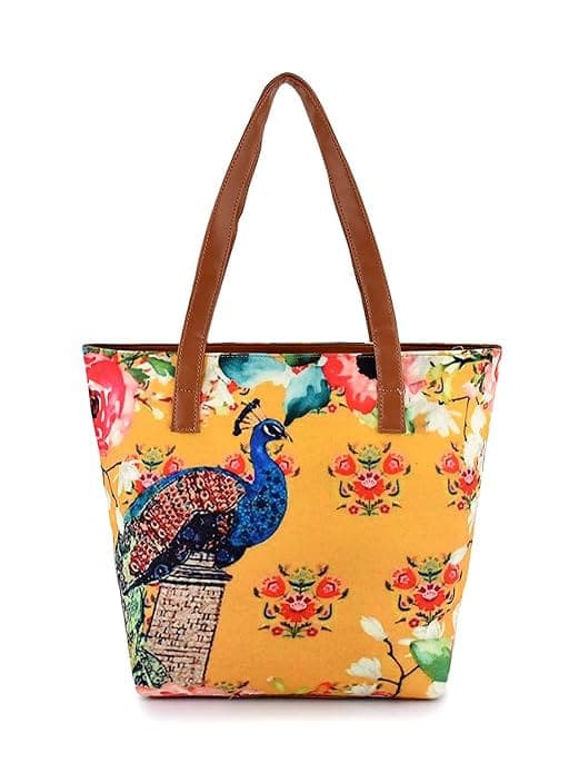  Peacock print canvas pu women tote bag